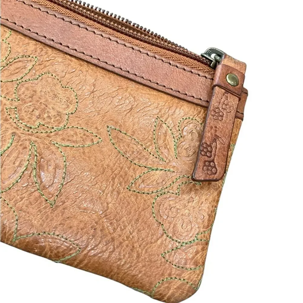 Fossil Brown with green Floral Stitched Leather ID Wallet EUC
